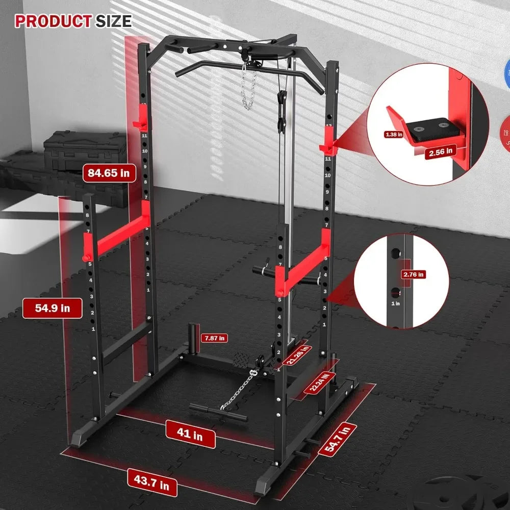 Multi-Function Power Rack for Home Gym - Complete Fitness Solution with Pulley System, Bench Press, Squat, and LAT Pull-Down