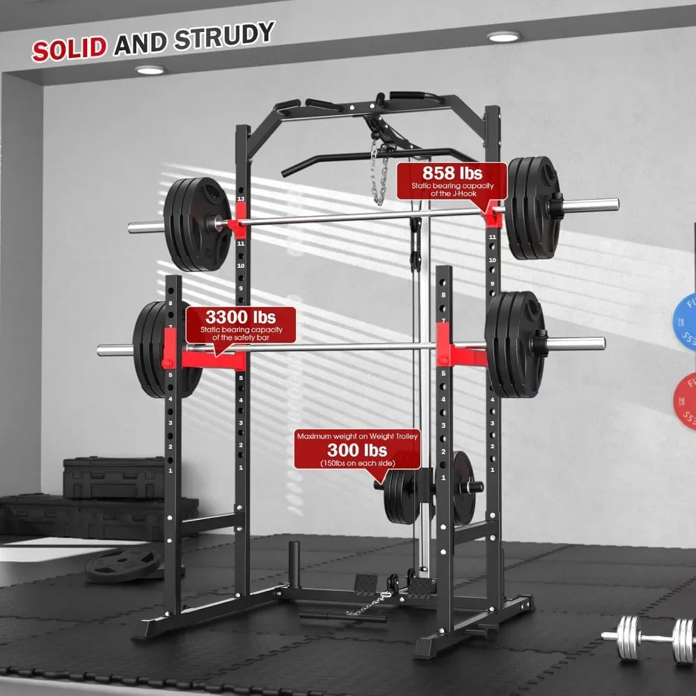 Multi-Function Power Rack for Home Gym - Complete Fitness Solution with Pulley System, Bench Press, Squat, and LAT Pull-Down