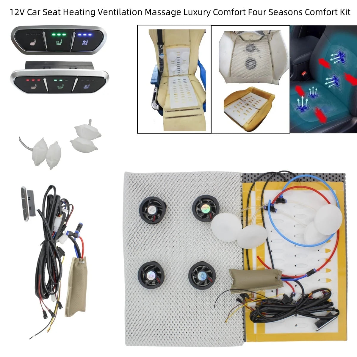 12V Car Seat Ventilation Kit Combine Heated and Massager 4 Air Flow Fan Cool + 2 Heating Pad + 4 Airpneumatic Massage System