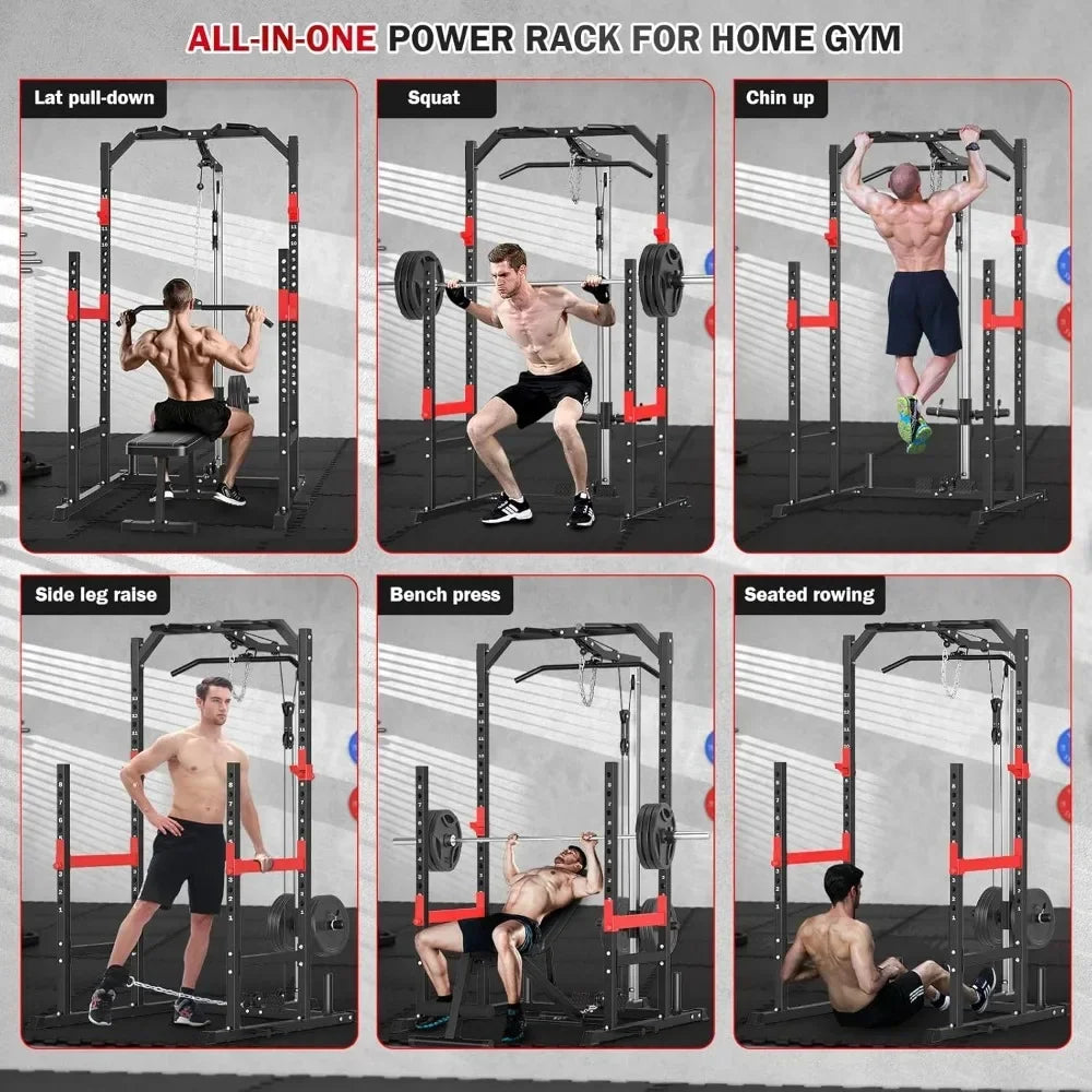 Multi-Function Power Rack for Home Gym - Complete Fitness Solution with Pulley System, Bench Press, Squat, and LAT Pull-Down