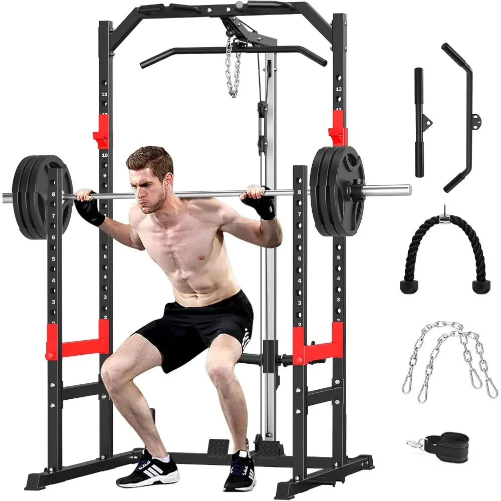 Multi-Function Power Rack for Home Gym - Complete Fitness Solution with Pulley System, Bench Press, Squat, and LAT Pull-Down