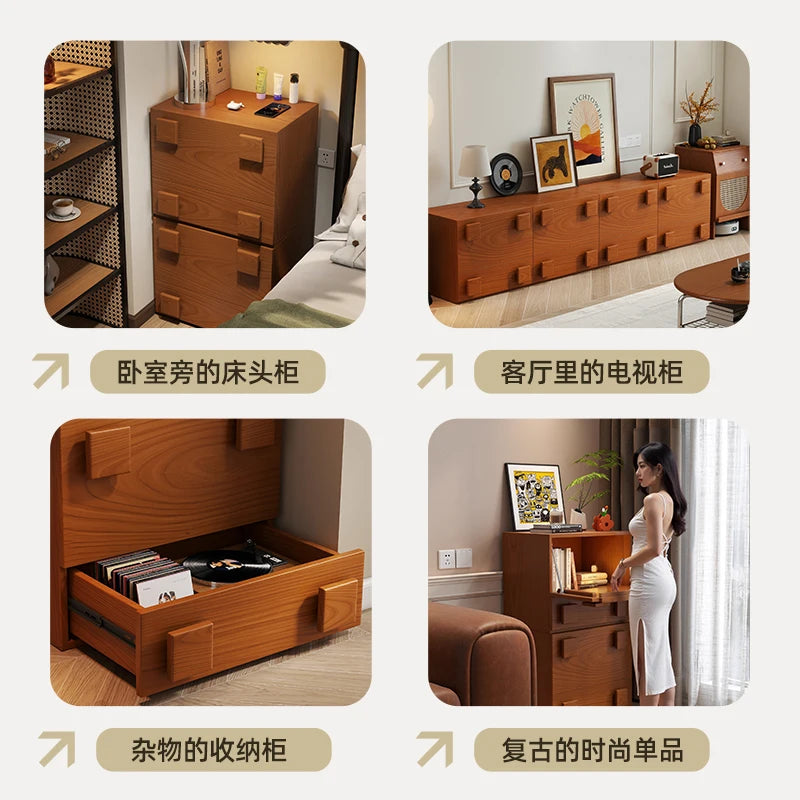 Retro Style Solid Wood Carmen Cabinet, Living Room TV Cabinet, Medieval Double-Layer Storage Cabinet, Bedroom Bedside Table