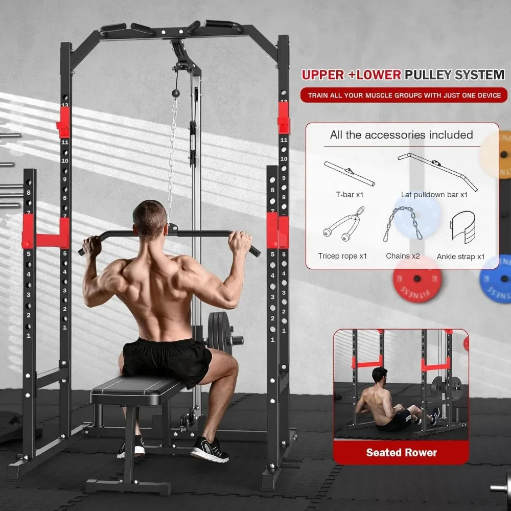 Multi-Function Power Rack for Home Gym - Complete Fitness Solution with Pulley System, Bench Press, Squat, and LAT Pull-Down