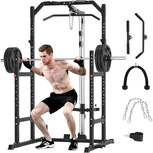 Multi-Function Power Rack for Home Gym - Complete Fitness Solution with Pulley System, Bench Press, Squat, and LAT Pull-Down